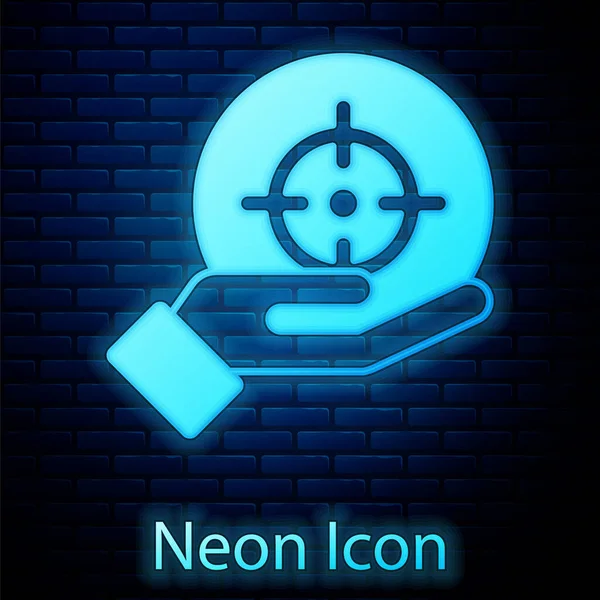 Glödande Neon Target Finansiella Mål Koncept Ikon Isolerad Tegelvägg Bakgrund — Stock vektor