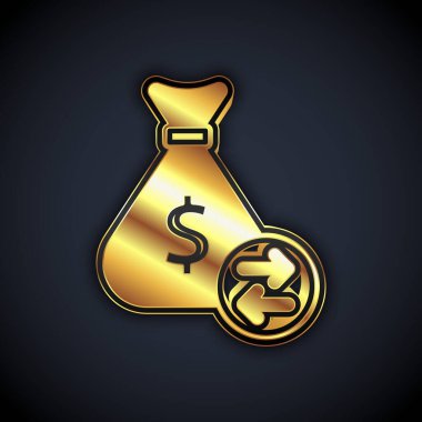 Altın Para Çantası simgesi siyah arkaplanda izole edildi. Dolar ya da USD sembolü. Nakit bankacılık tabelası. Vektör