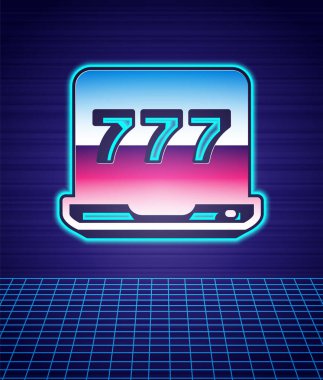 Geçmişe dönük dizüstü bilgisayar ve slot makinesi şanslı yedili büyük ikramiye ikonu fütüristik manzara arka planına sahip. İnternetteki kumarhane. 80 'lerin moda partisi. Vektör