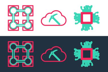 Hat Brain 'i dijital devre kartı, engelleme zinciri teknolojisi ve kripto para birimi bulut madenciliği ikonu olarak ayarla. Vektör