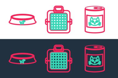 Kedi, evcil hayvan kasesi ve çanta ikonu için konserve yiyecek ayarla. Vektör