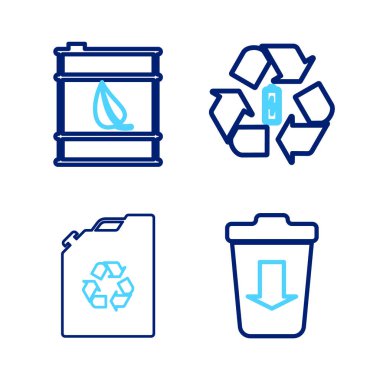 Hattı ayarla. Çöp kutusuna, yakıt bidonuna, geri dönüşümlü bataryaya ve biyo varil ikonuna gönder. Vektör