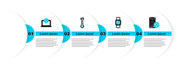 Satır Mobil Uygulamalar servisi, Smartwatch, Wrench ve Laptop simgesini ayarla. Vektör