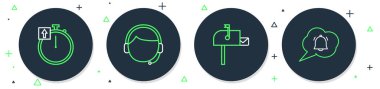 Satır Adamı kulaklığı, açık posta kutusu, Kronometre ve Konuşma balonu sohbet bildirim simgesi ile ayarla. Vektör