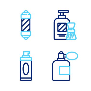 Atomizer, tıraş jeli köpüğü, fırça ve klasik berber dükkânı ikonu ile tıraş losyonu şişesini ayarla. Vektör