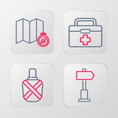 Yol trafik levhası, kantin su şişesi, ilk yardım çantası ve ormanın yerini harita simgesine yerleştir. Vektör