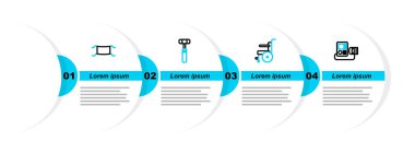 Kan basıncını ayarla, engelliler için tekerlekli sandalye, nöroloji refleks çekici ve tıbbi koruyucu maske ikonu. Vektör