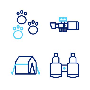 Dürbün, turist çadırı, keskin nişancı optik görüşü ve Paw baskı simgesi. Vektör