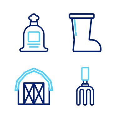 Saha çizgisi tırmığı, çiftlik evi, su geçirmez lastik bot ve Full sack ikonu. Vektör