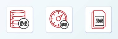 Satır 5G Sim Card, Sunucu ağı ve Dijital hız metre simgesini ayarla. Vektör