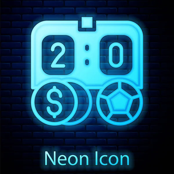 Brilhante Neon Futebol Ícone Dinheiro Apostas Futebol Isolado Fundo Parede — Vetor de Stock