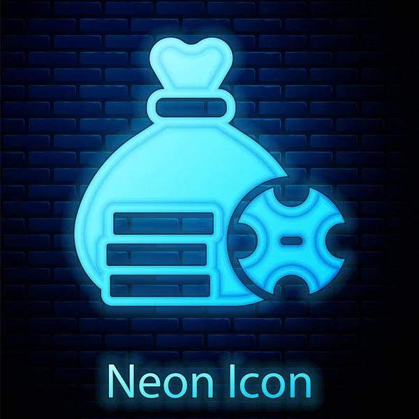 Zářící Neon Peníze Taška Ikona Izolované Cihlové Zdi Pozadí Symbol — Stockový vektor