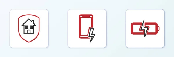 Définir Ligne Batterie Maison Mobile Icône Batterie Charge Vecteur — Image vectorielle