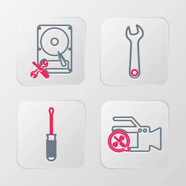 Set Line Video Camera Service Screwdriver Wrench Hard Disk Icon — Stock Vector