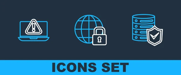 Set Line Server Met Schild Laptop Uitroepteken Global Lockdown Icoon — Stockvector