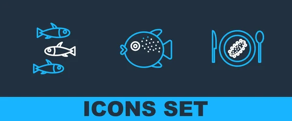 Set Line Served Cucumber Plate Fishes Puffer Fish Icon Vector — Stock Vector
