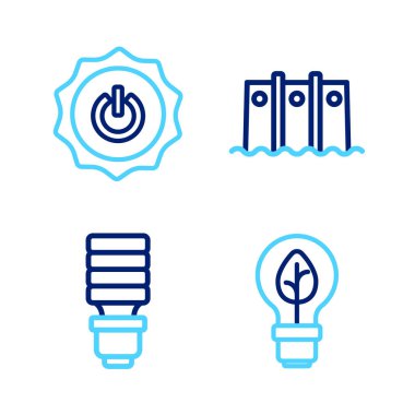 Hat ampulünü yaprak, LED ışığı, hidroelektrik barajı ve güç düğmesi simgesiyle ayarla. Vektör