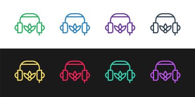 Meditasyon simgesi için siyah ve beyaz arka planda izole edilmiş hat kulaklıkları ayarla. Vektör.