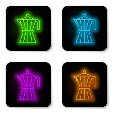 Parlayan neon hattı beyaz arka planda izole kahve makinesi moca pot ikonu. Siyah kare düğme. Vektör.