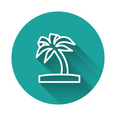 Beyaz çizgi tropikal palmiye ağacı ikonu uzun gölge arkaplanı ile izole edilmiş. Hindistan cevizi palmiyesi. Yeşil daire düğmesi. Vektör.