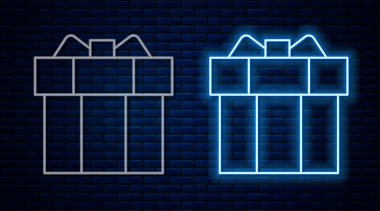 Parlayan neon hattı hediye kutusu simgesi tuğla duvar arka planında izole edildi. Vektör.