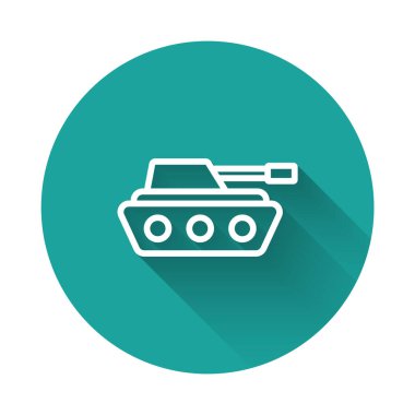 Uzun gölgeli beyaz çizgi askeri tank ikonu izole edildi. Yeşil daire düğmesi. Vektör.