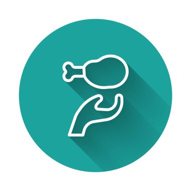 Beyaz çizgi Bağış yiyecek ikonu uzun gölge arkaplanlı izole edilmiş. Yeşil daire düğmesi. Vektör.