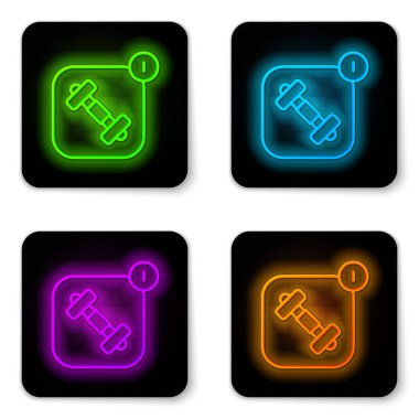Beyaz arkaplanda izole edilmiş spor simgesi için parlak neon hattı Fitness uygulaması. Sağlık hizmeti mobil uygulama kavramı. Çevrimiçi fitness ya da seyyar antrenör. Siyah kare düğme. Vektör.