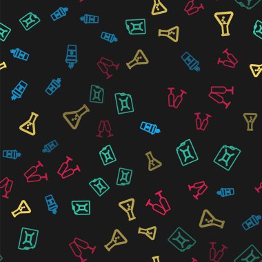 Hat hizasında kahve fincanı, benzin için teneke kutu, test tüpü, matara ve kusursuz şampanyayı hazırla. Vektör.