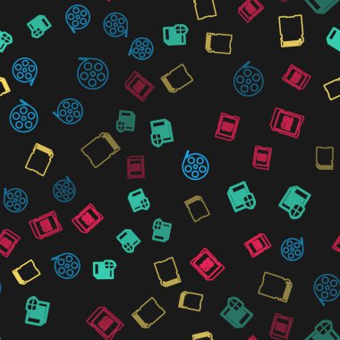 Çizgi film makarasını, belge korumasını, hafıza kartını ve kusursuz deseni ayarla. Vektör.