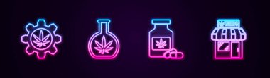 Test tüpünü marihuana, tıbbi şişe, marihuana ve kenevir dükkanıyla ayarla. Parlayan neon ikonu. Vektör.