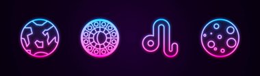 Dünya Gezegeni, Astroloji burç çemberi, Leo Zodiac ve Ay 'ı ayarla. Parlayan neon ikonu. Vektör.