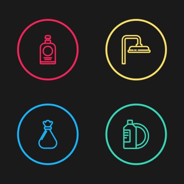 Çöp torbası, bulaşık deterjanı şişesi ve tabak, duş başlığı ve el dezenfektanı. Vektör.