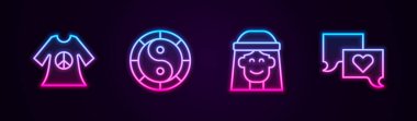 Barış damgası, Yin Yang sembolü, hippi kız ve konuşma balonu sohbeti. Parlayan neon ikonu. Vektör.