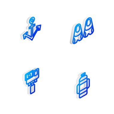 Isometric Line Flippers 'ı yüzme, dayanak noktası, kamera ve Aqualung simgesi için ayarla. Vektör.