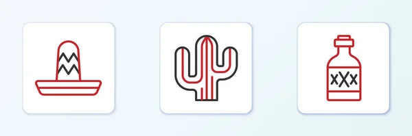 Ustaw Butelkę Tequili Meksykańskie Sombrero Ikonę Kaktusa Wektor — Wektor stockowy