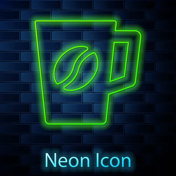 Zářící Neonová Čára Ikona Šálku Kávy Izolované Cihlové Zdi Pozadí — Stockový vektor