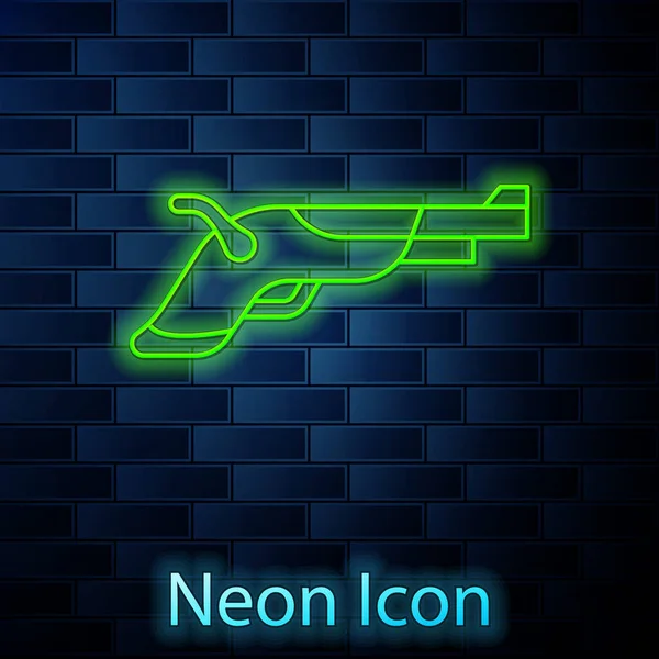 Leuchtende Neon Linie Vintage Pistolen Symbol Isoliert Auf Backsteinwand Hintergrund — Stockvektor