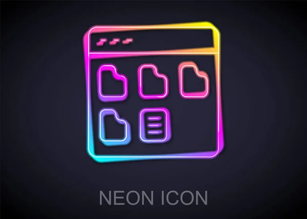 Zářící Neonová Čára Ikona Souborů Prohlížeče Izolovaná Černém Pozadí Vektor — Stockový vektor
