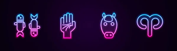 Set Line Pisces Zodiac Palmistry Hand Horse Aries Glowing Neon — Stock Vector