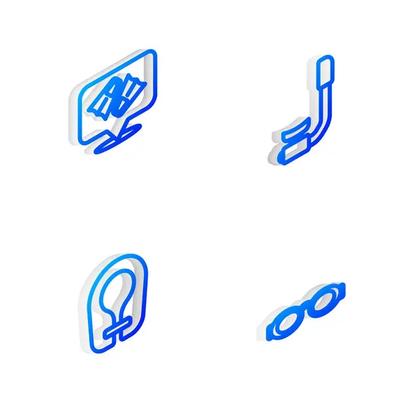 Set Isometrische Lijn Snorkel Flippers Voor Zwemmen Reddingsvest Glass Icoon — Stockvector
