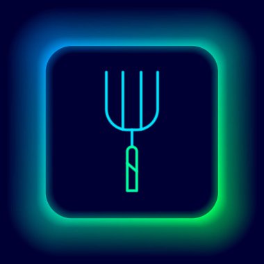 Parlayan neon hattı bahçe yabası simgesi siyah arkaplanda izole edildi. Bahçe çatalı işareti. Bahçecilik, tarım, çiftçilik aleti. Renkli taslak konsepti. Vektör