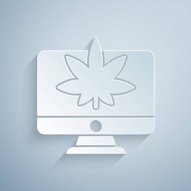 Kağıt kesiği bilgisayar monitörü ve tıbbi marihuana veya kenevir yaprağı ikonu gri arka planda izole edilmiş. İnternetten satın alma. Süpermarket sepeti. Kağıt sanatı tarzı. Vektör İllüstrasyonu.