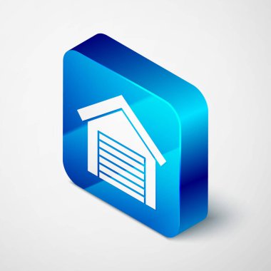 Gri arkaplanda Isometric Garaj simgesi izole edildi. Mavi kare düğme. Vektör.