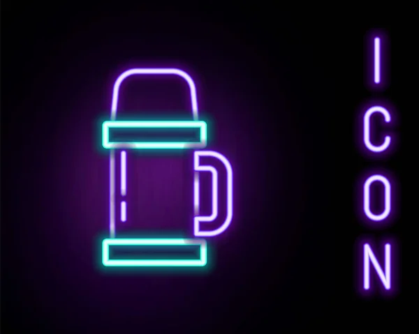 Icona Luminosa Neon Thermos Linea Contenitore Isolato Sfondo Nero Icona — Vettoriale Stock