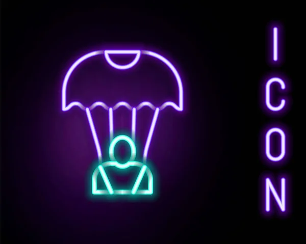Linea Neon Incandescente Icona Del Paracadute Isolata Sfondo Nero Concetto — Vettoriale Stock
