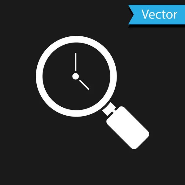 Weiße Lupe Mit Uhrensymbol Isoliert Auf Schwarzem Hintergrund Vektor — Stockvektor