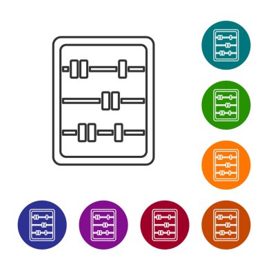 Siyah çizgi abaküs simgesi beyaz arkaplanda izole edildi. Geleneksel sayım çerçevesi. Eğitim işareti. Matematik okulu. Simgeleri renk daire düğmelerine ayarla. Vektör.