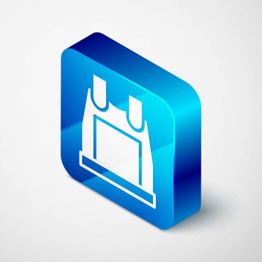 Gri arka planda izole edilmiş kurşun ikonundan korunmak için Isometric kurşun geçirmez yelek. Vücut zırhı işareti. Askeri kıyafetler. Mavi kare düğme. Vektör.