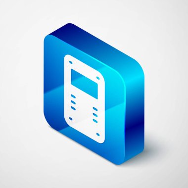 Isometric Polis saldırı kalkanı ikonu gri arka planda izole edildi. Mavi kare düğme. Vektör.